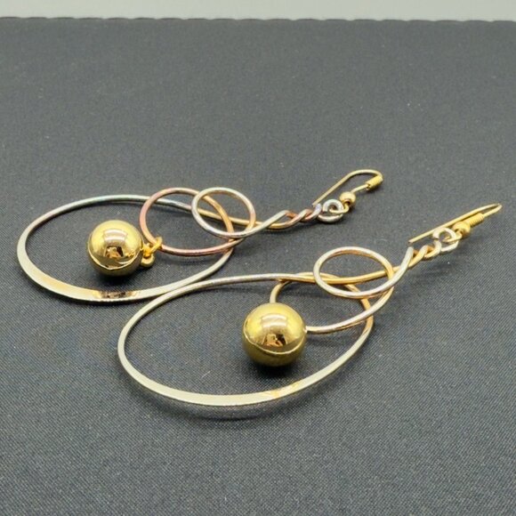 Gold Silver Tricolor Dangle Drop Statement Earrings Abstract Twisted Wire Hoop - Picture 2 of 13